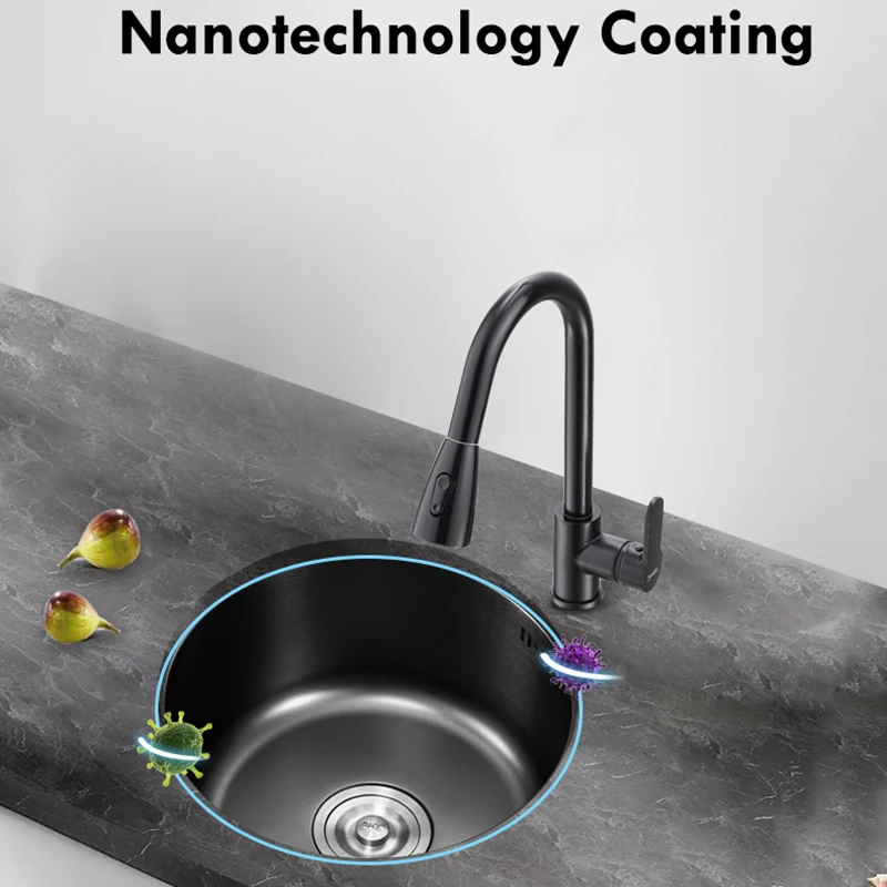 Stainless Steel Kitchen Sink Round Bar Counter Single Slot Black Nano Basin with Drain Accessories Home Improvement Decoration