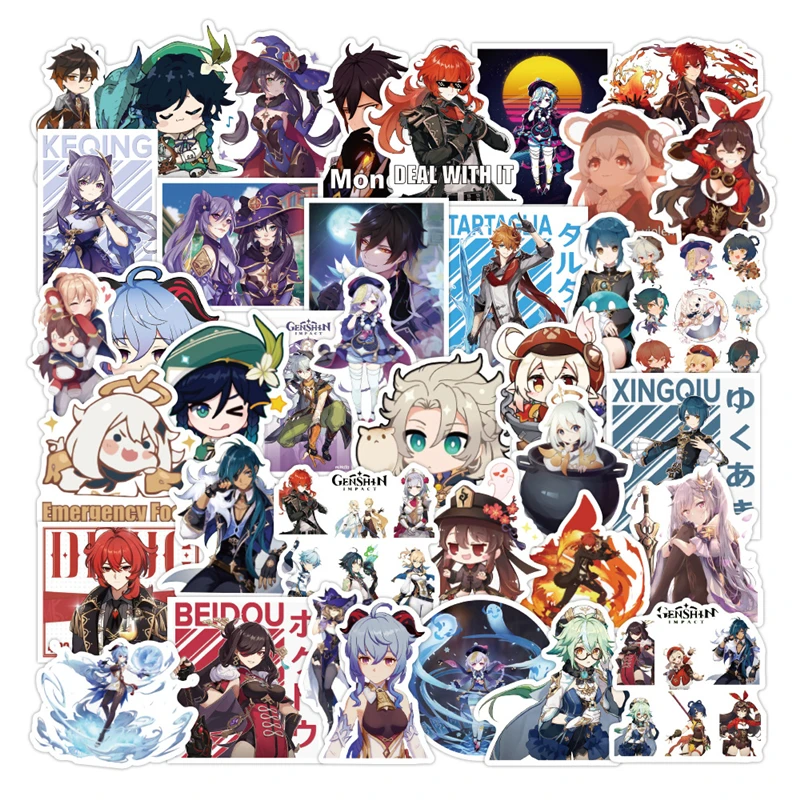 50 100pcs genshin impact stickers lumine aether jean gunnhildr amber stikers skateboard bicycle laptop kids waterproof stiker to Genshin Impact Cartoon Anime Game Kawaii Lumine Klee Stickers for Laptop Suitcase Stationery Waterproof Decals Kids Toys Gifts