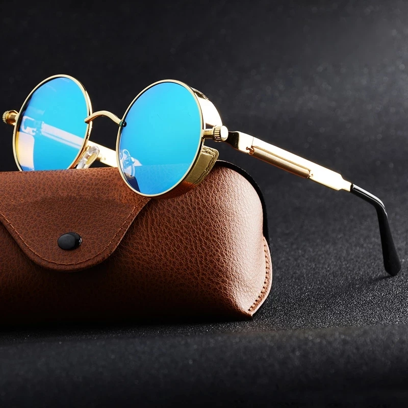 

Round Steampunk Sunglasses Men Classic Brand Designer Vintage Punk Rivet Wrap Glasses Retro Leather Sunglasses For Male Oculos