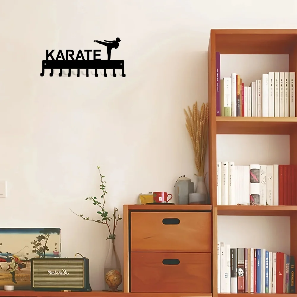 Karate Sparring Medal Hanger & Belt Rack -14.5 inches W/ 10 Hooks Metal Wall Art Coat Rack, Organizer, Storage Rack, 5