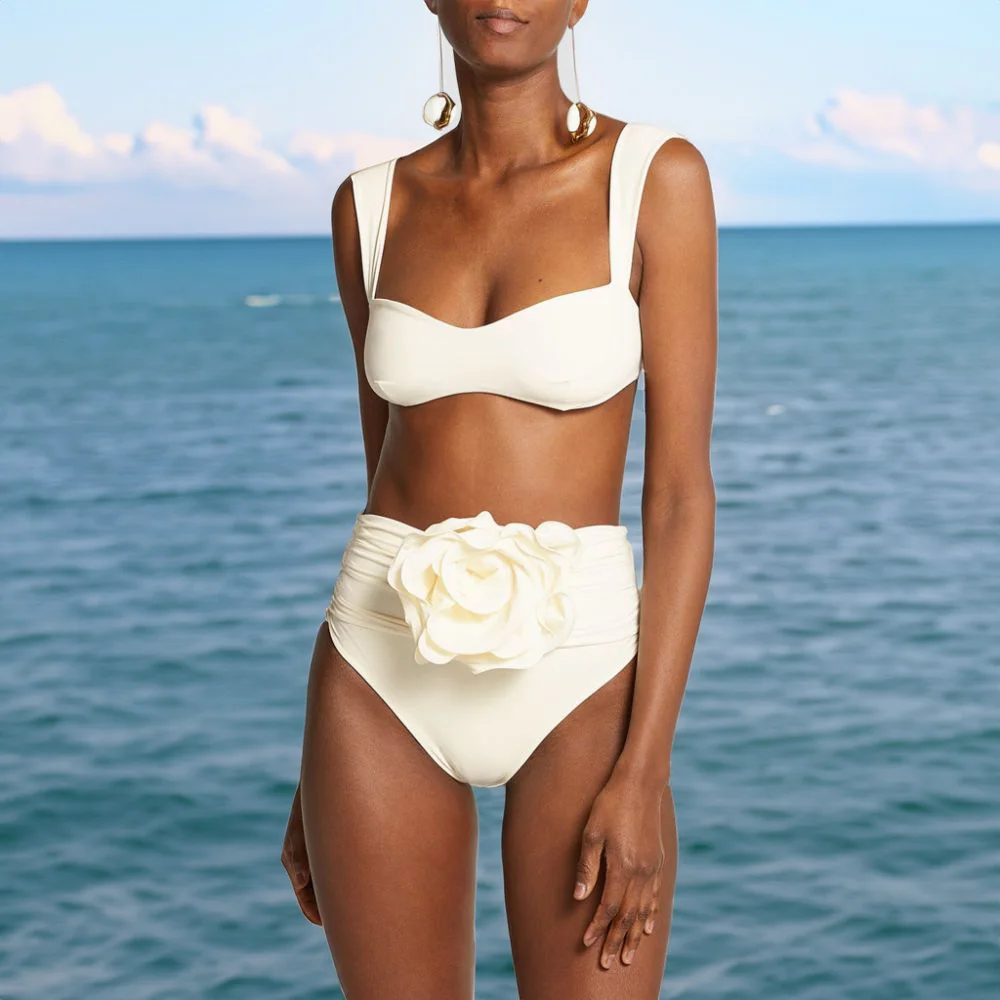 

3D Flower Bikini Set Two-Piece Swimsuit Padded Bra Women Floral Ruched High Waist Push Up Swimwear Bathing Suit 2023 Beachwear