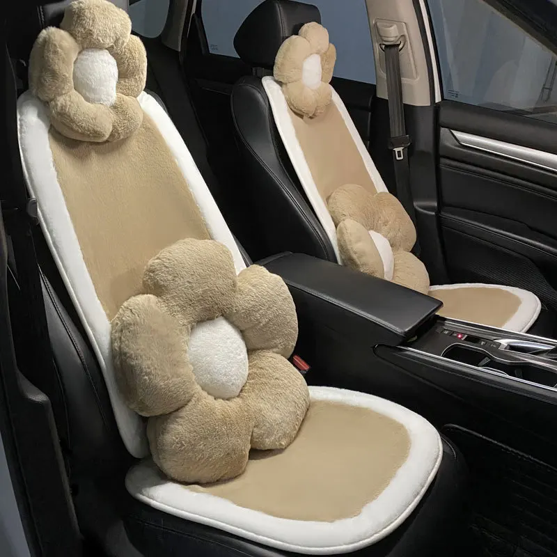 

Plush Brown Flowers Car Headrest Lumbar support Neck Protection Pillow Auto White edging Front Rear Seat Cushion Car Accessories