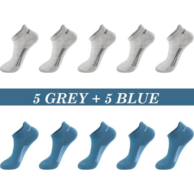 High Quality 10Pairs Men Socks Cotton Summer Sports Breathable Ankle Socks Mesh Casual Athletic Thin Cut Short Plus Size 39-48 5 Grey 5 Blue