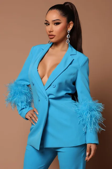 Getspring Women Blazer Set Feathers Splicing Rose Red Blue White Blazer  Coats Vintage Fashion Straight Pants Two-piece Suit 2023