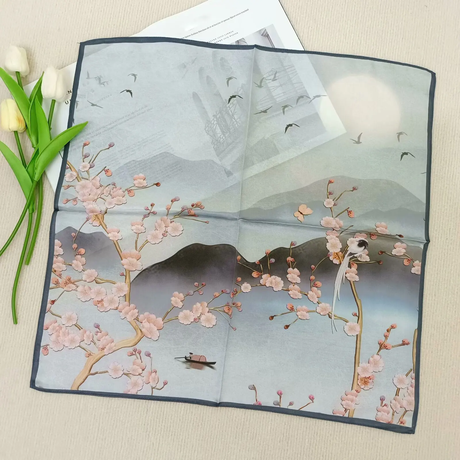 100% Pure Silk Square Scarf Women Dot Print Neckerchief Bandana