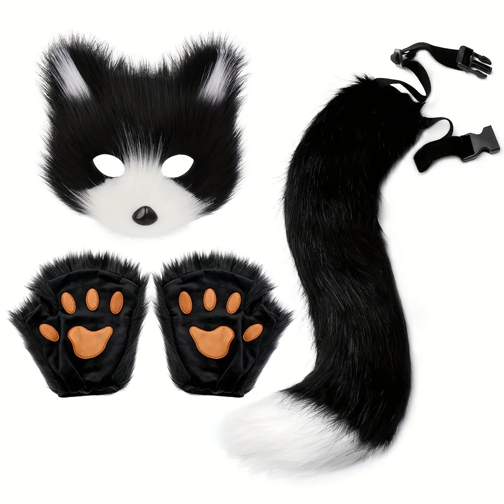 Fluffy Fur Fox Tail  Cat Paws Gloves Set - Wolf Mask Halloween Cosplay Accessories