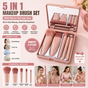 Set di pennelli per il trucco con custodia a specchio, pennelli cosmetici portatili da viaggio, kit per il trucco degli occhi, per fondotinta in polvere, per donne
