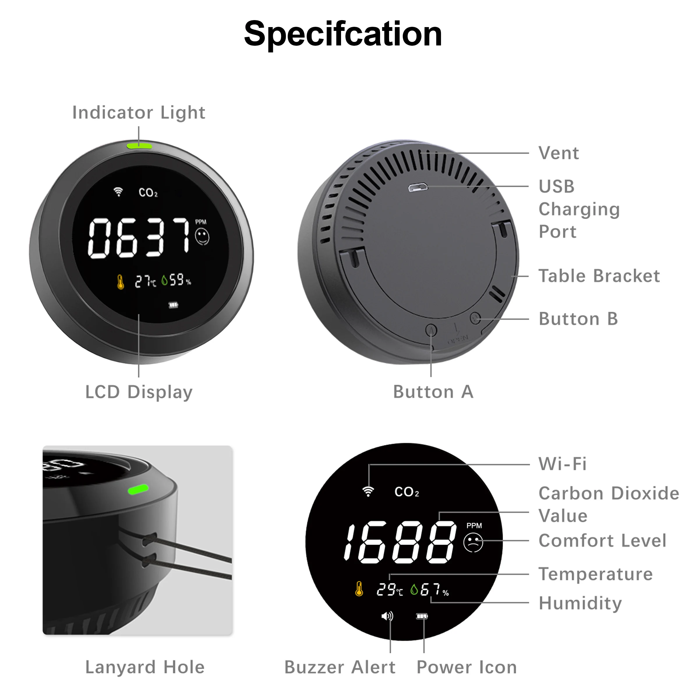 GIRIER Tuya Smart CO2 Detector WiFi Carbon Dioxide Sensor Indoor Air Quality Monitor Built-in Temperature and Humidity Sensor