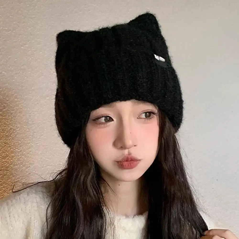 Y2K Harajuku Japanese Knitted Beanies Cap Autumn Winter Woolen Woman Bonnet Cute Cat Ear Earflap Hat Snowy Day Fashion Headwear