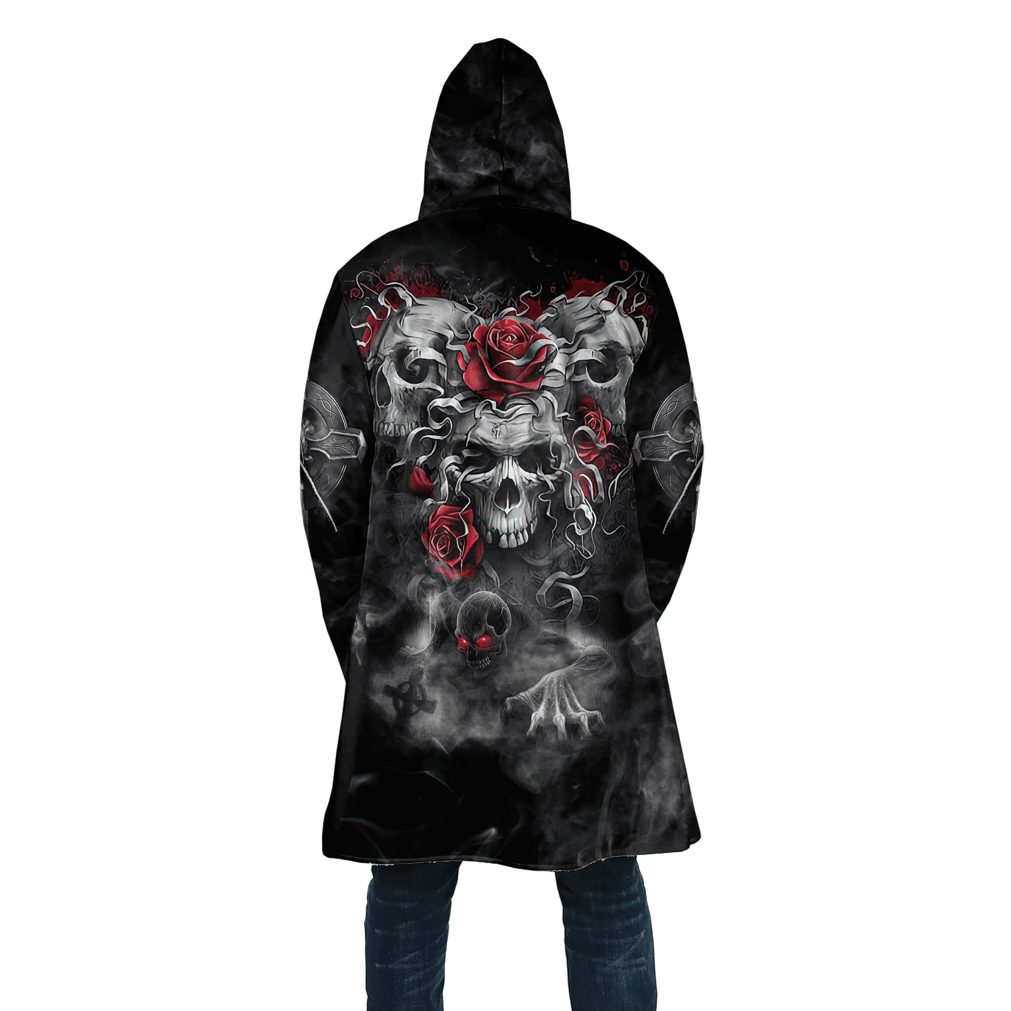 PLstar Cosmos Herren-Umhang, Totenkopf, Teufel, Tattoo, 3D-Allover-bedruckter Fleece-Kapuzenumhang, Unisex, lässig, dick, warm, Umhang, Mantel PF71 – Detail 15