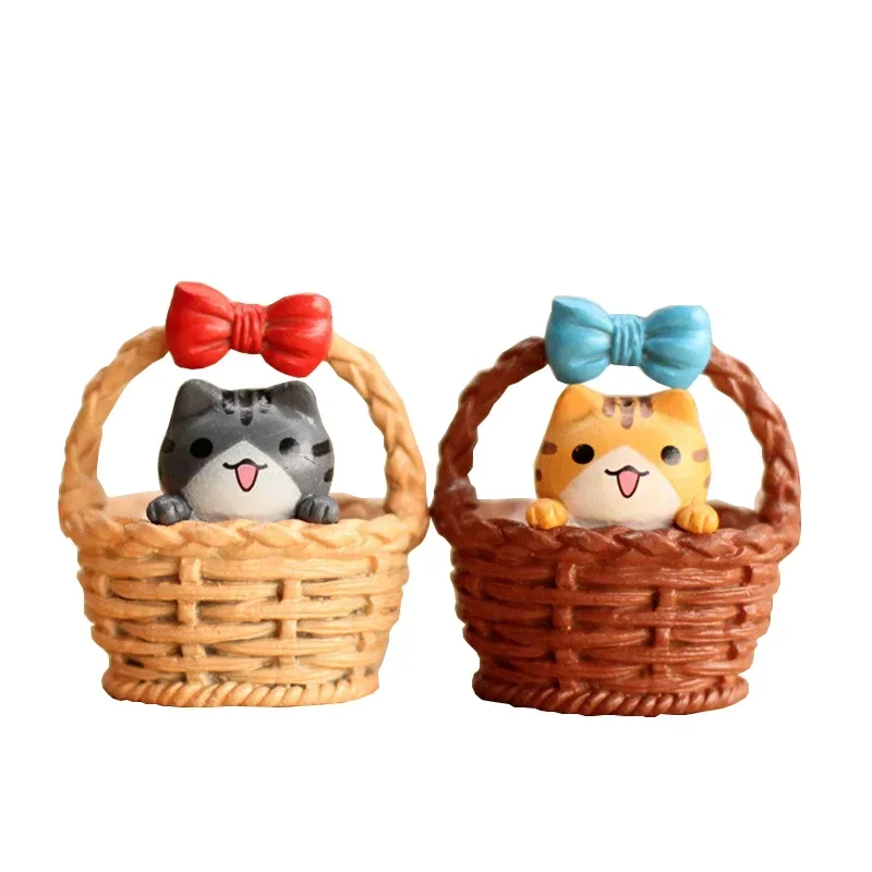 4 pcs Creative Cartoon Cat Kids  Toy Bamboo Basket Japan Cat Figurine  Japonaise Pvc Miniature Figurines Home Decoration