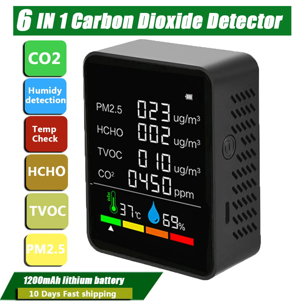 Multifunctional 5in1/6 in 1 CO2 Meter Digital Temperature Humidity Tester Carbon Dioxide TVOC HCHO Detector Air Quality Monitor