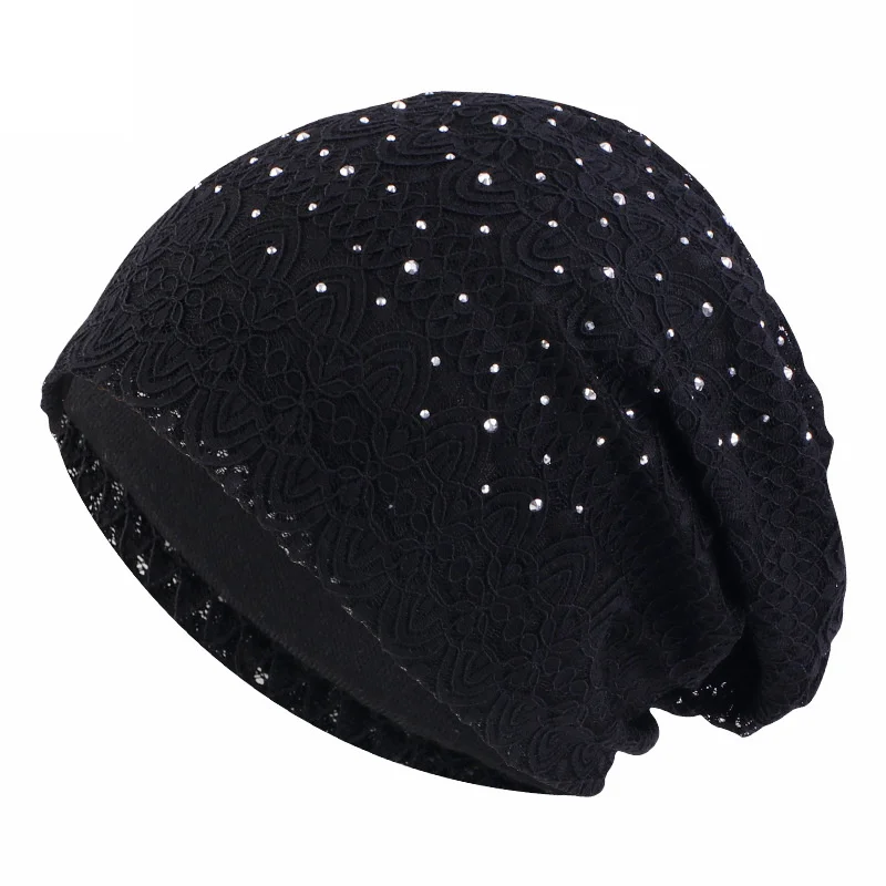 Winter Hats For Women Men Lace Rhinestone Breathable Turban Hat Windproof Warm Cap Female Beanie Hip Hop Bone Gorro Ponytail Hat 3