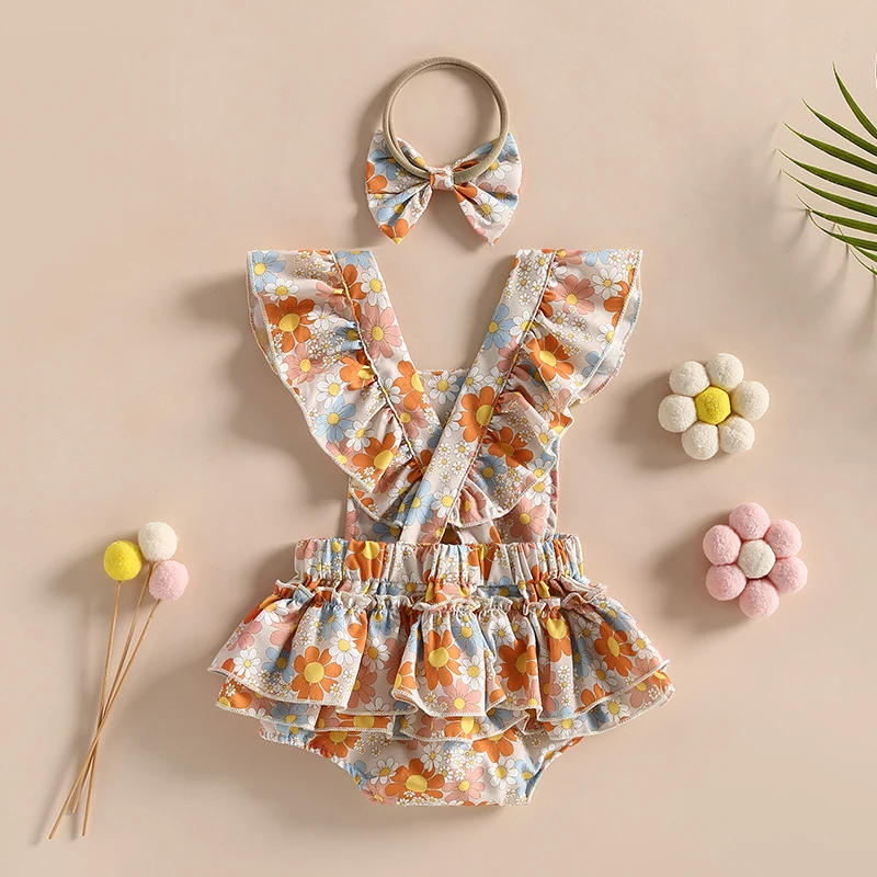 

Infant Baby Girls Romper Dress Flower Print Ruffles Fly Sleeve Ruffles Jumpsuits Summer Casual Bodysuits with Headband