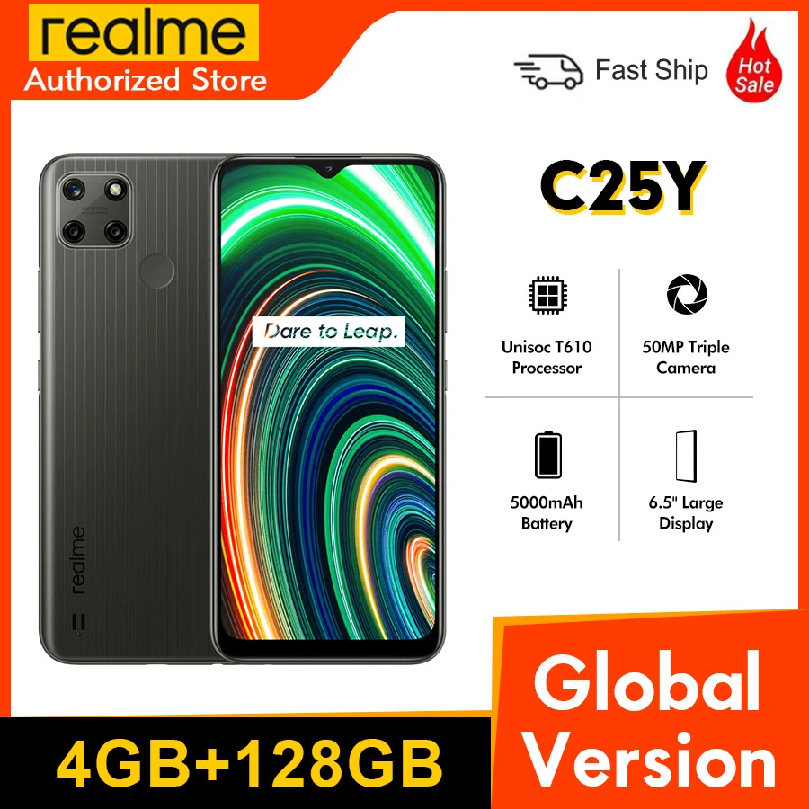 realme mobile new Global Version realme C25Y 6.5” 4GB 128GB Smart Phone 50MP AI Triple Unisoc T610 Power Processor 5000mAh 18W Quick Charge latest realme mobile