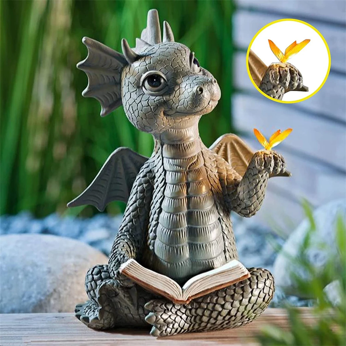 Reading Book Little Dragon Sculpture Cute Reading Book Dragon Statues Resin Garden Dragon Sculptures Art Ornament Gift for Lawn