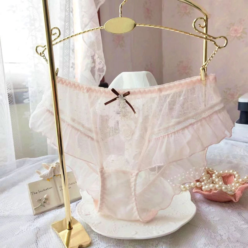 2Pcs/lot Japanese Kawaii Underwear Female Girl Sweet Breathable See-through Mid Low waist Bow Briefs Lace Sexy Plus Size L 2L 3L