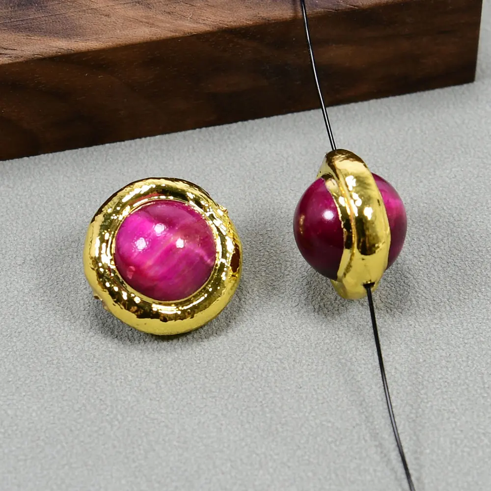 APDGG 10Pcs 16MM Fuchsia Tiger Eye Coloured Glaze Loose Beads Gold Plated Connector Spacer Beads For Necklace Jewelry DIY