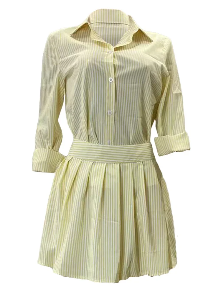 Wmstar Two Piece Set Women 2024 Autumn Fashion Women's Casual Comfortable Striped Shirt Short Skirt Set Wholesale Dropshipping