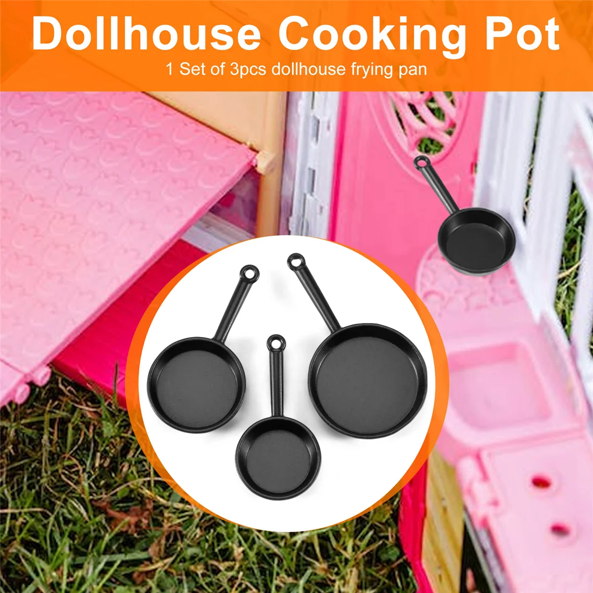 1/12 Scale 3pcs Dollhouse Miniature Metal Frying Pans Cooking Pot Cookware Kitchen Accessory Black 5