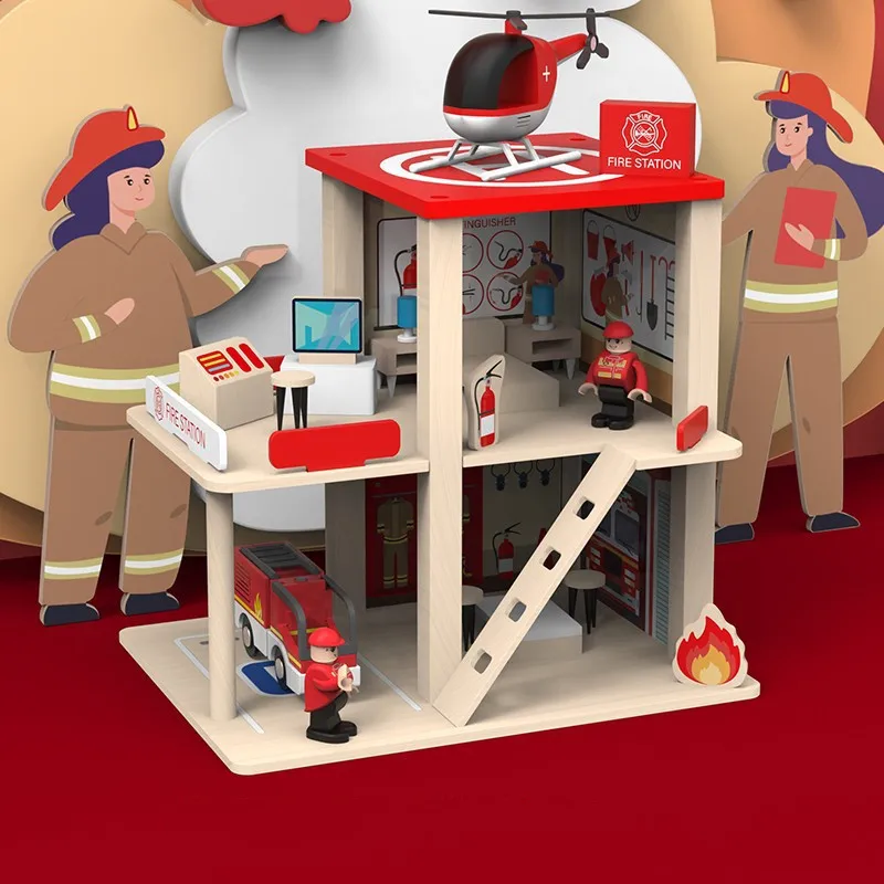 

New Children's Wooden Toys Role-playing Fireman Police Station Building Parent-child Activities Gifts for Children