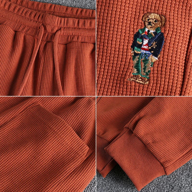 Autumn American Simple Waffle Embroidery Sweatpants Men\'s Fashion Pure Cotton Loose Elastic Waist Drawstring Sport Casual Pants
