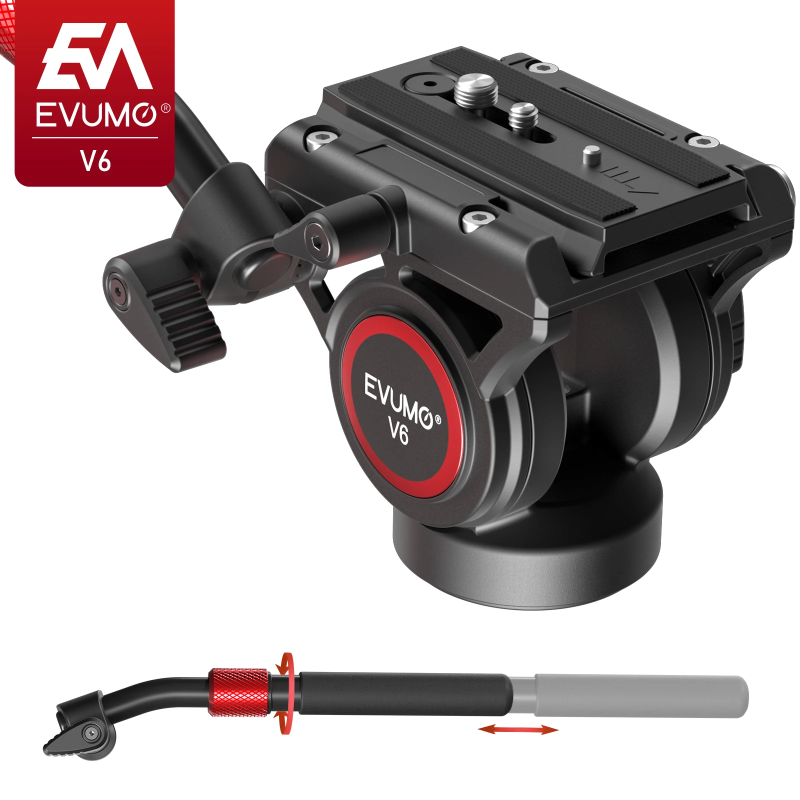 Camera Fluid Head EVUMO V6 Tripod Head Hydraulic Pan Tilt Video Head Fluid for Camera Tripod Monopod Slider Quick Release Plate Max Load 8kg/17lbs