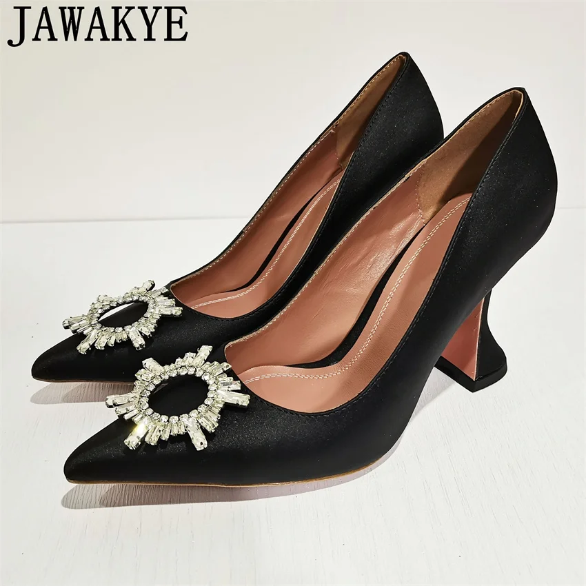 

Туфли женские на тонком высоком каблуке, Классические атласные туфли-лодочки с острым носком, с кристаллами и бантом, привлекательные Роскошные брендовые строгие ботинки для невесты, лето