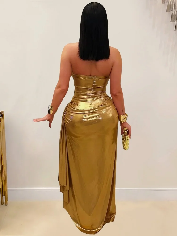 Wmstar Dress Women Wholesale European American Fashionable Clothing Sexy Halter Neck Gold Chain Pleated Arm Hugging Dresses