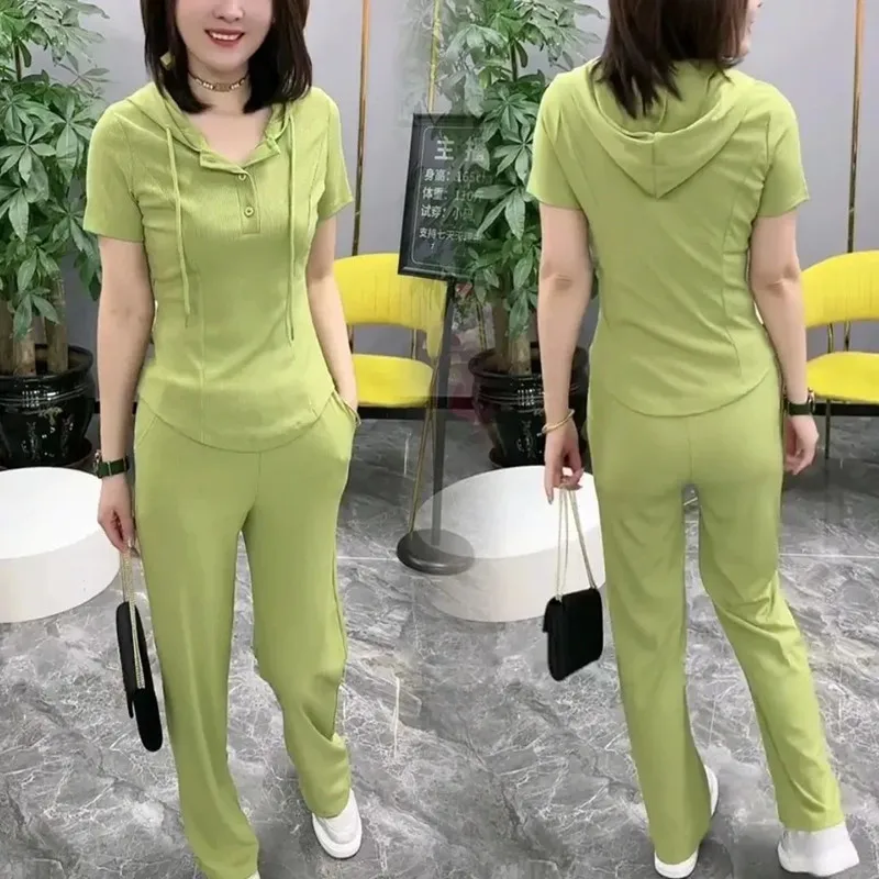 2024 Leisure Fashion Women's Set Summer New Hooded Half Open Neck Short Sleeve Slim Fit Top Wide Leg Pants Two Piece Set