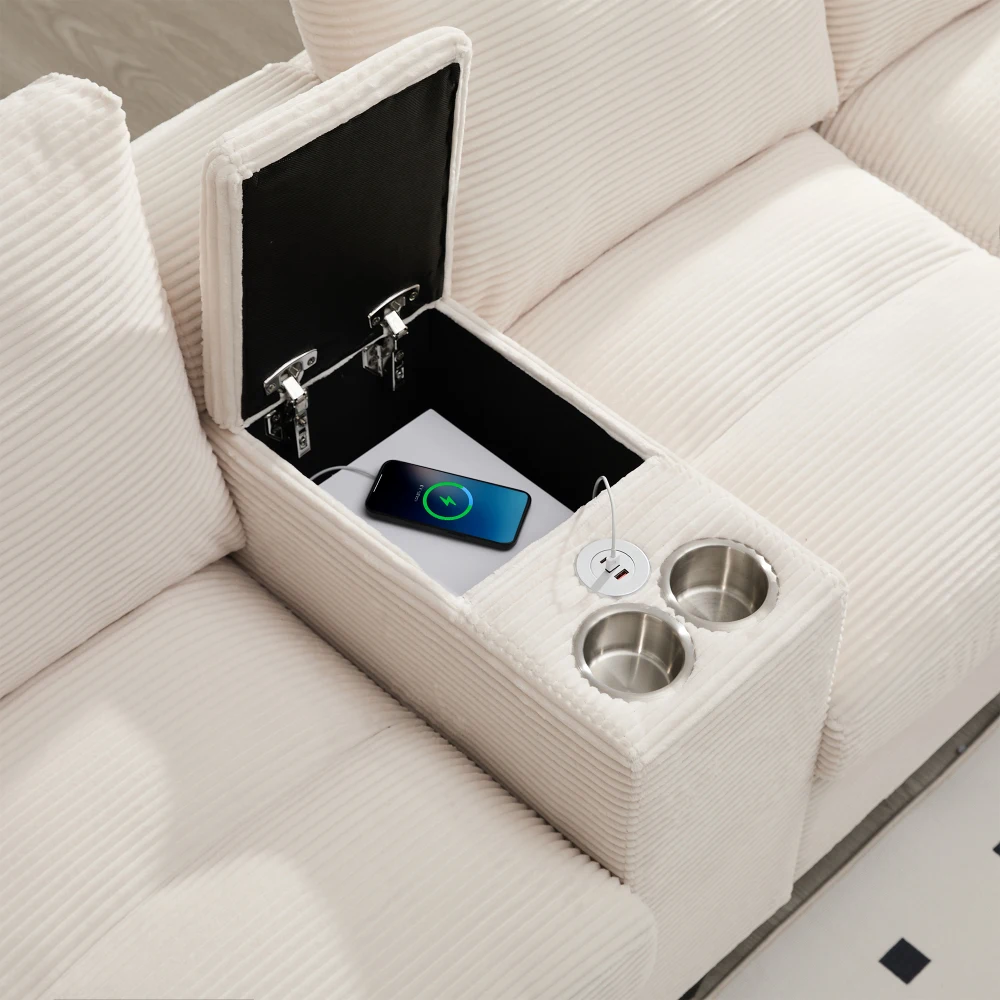 Geräumiges U-förmiges Sofa mit Stauraum, übergroßer Cordplatte und Kissen, Getränkehalter und 2 USB-Anschlüsse aus Edelstahl – Detail 23