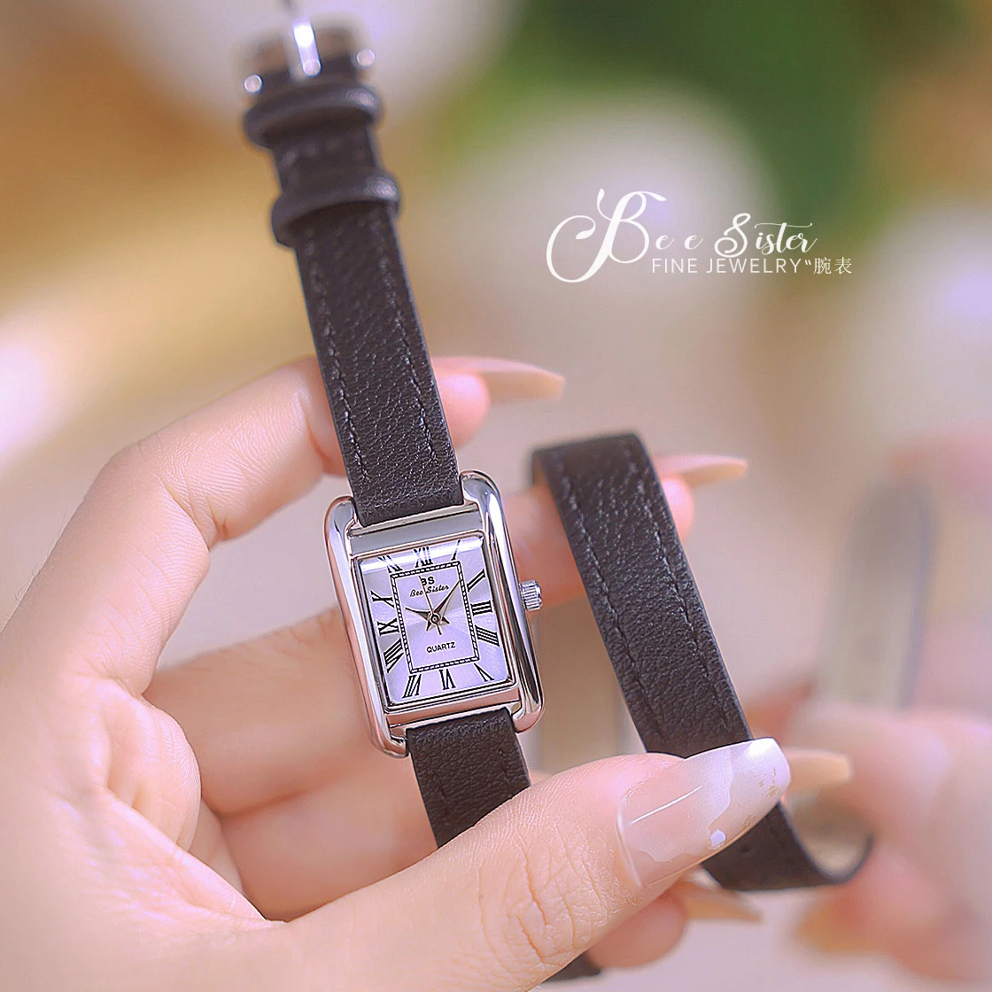 ساعة كوارتز نسائية مربعة سوداء من الجلد الطبيعي ،...