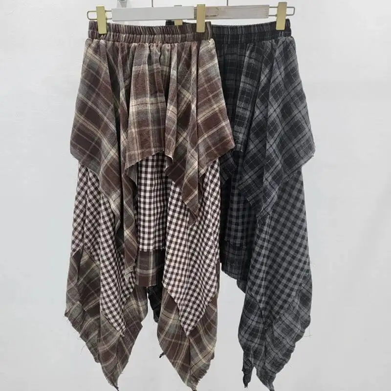 DEAT Fashion New Items Irregular Plaid Patchwork Pleated A-line Skirts For Women High Elastic Waist Mid-length Skirt 11A06244