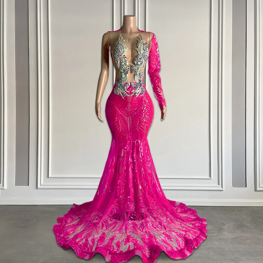 

Sparkly Black Crystal Long Velvet Prom Dresses for Black Girls Sexy Sheer O-neck Beaded Tassel Mermaid Prom Gowns 2024