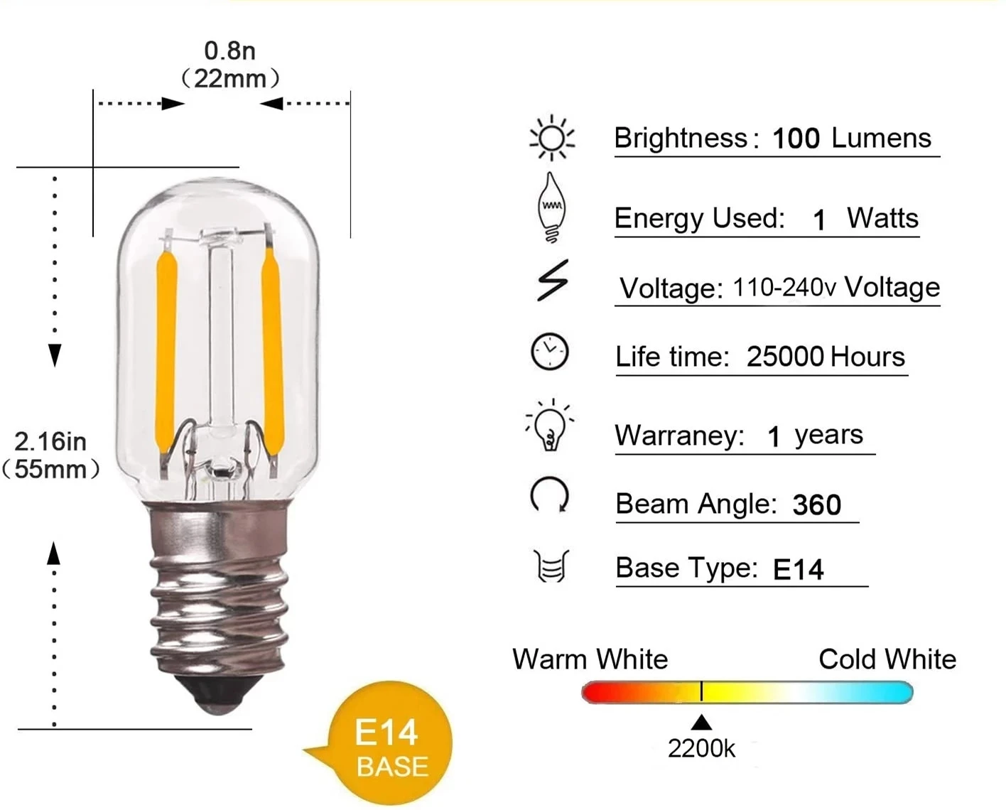 Lot de 10 Ampoule à Sel 25W E14 T22, Incandescence Blanc Chaud