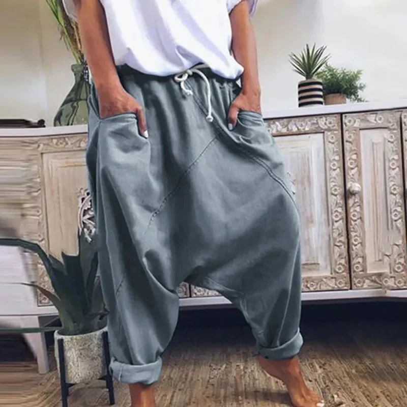 Women Casual Drawstring Pockets Drop Crotch Baggy Long Trousers Harem Pants Fall Winter Home Lazy Pants Simple Streetwear Ethnic