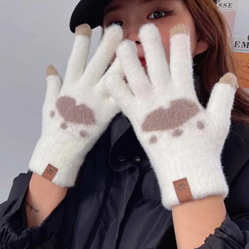 

Winter Women's Fluff Gloves Touchscreen Cat Paw Pattern Warm Split Finger Knitted Glove Outdoor Cycling Driving Cold-Proof Glove