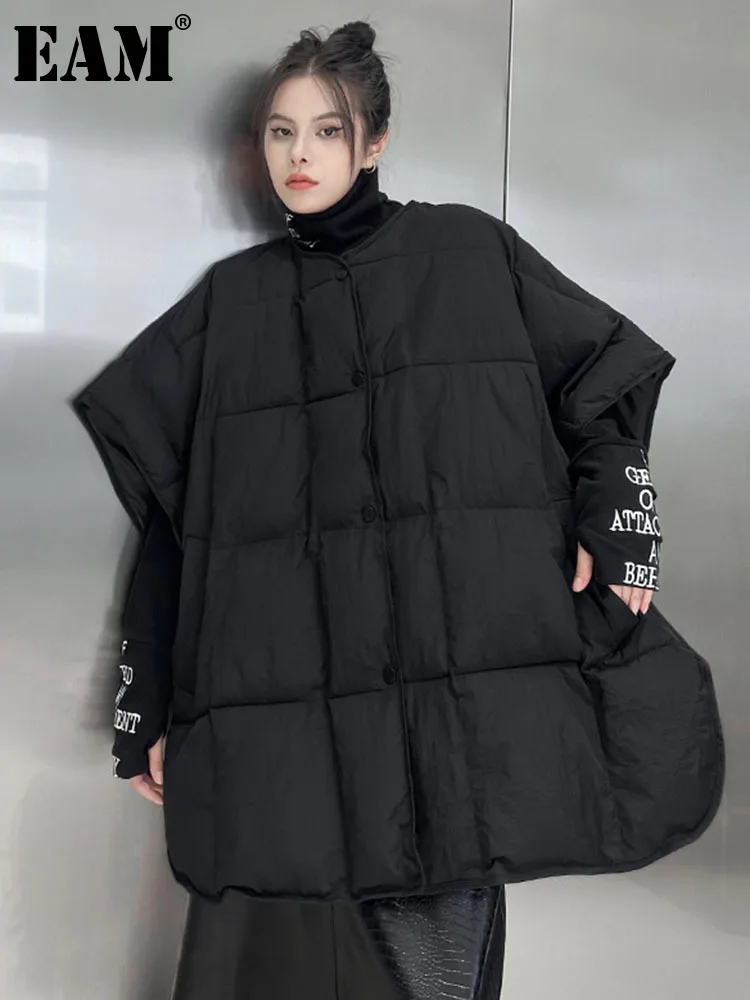 

[EAM] Women Loose Fit Black Cotton-padded Big Size Side Slit Vest New O-neck Sleeveless Fashion Tide Autumn Winter 2023 1DH1854
