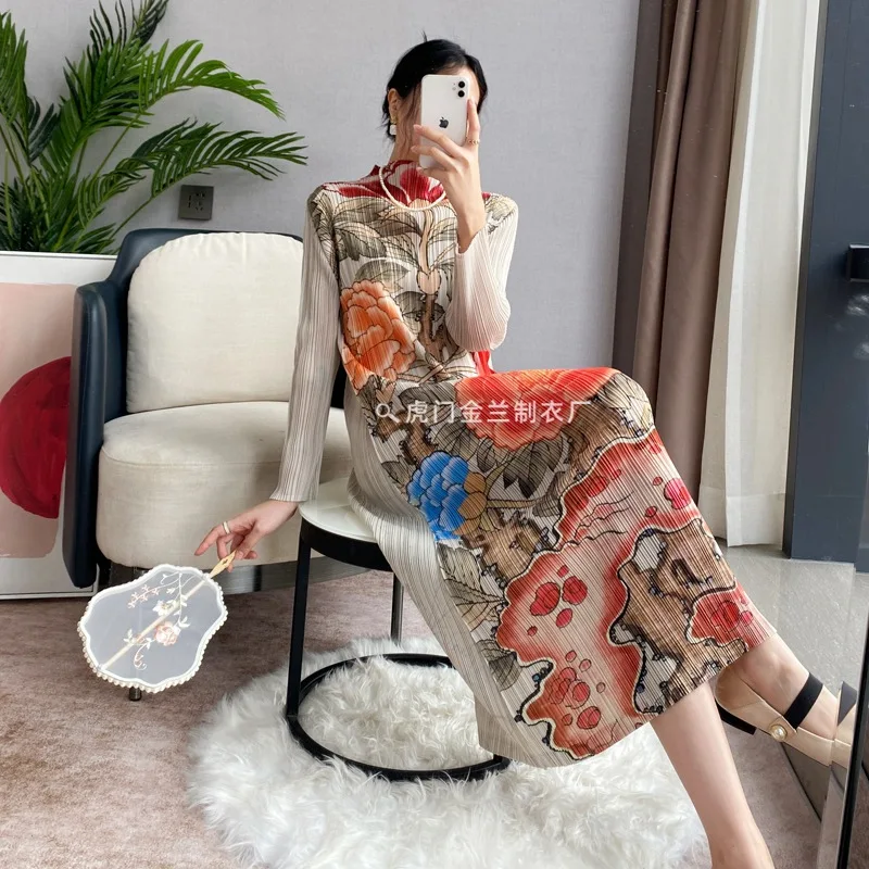 

miyake pleated spring autumn fashion improved cheongsam dress new long-sleeved retro Chinese style print age-reducing large size