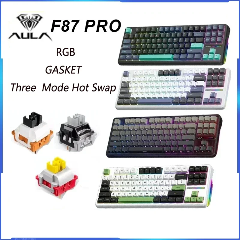 Aula F87 Pro 기계식 키보드, 트라이 모드, 무선, USB, 블루투스, 87 키, 핫 스왑 개스킷, RGB 게임용 키보드, 2.4g, 신제품 