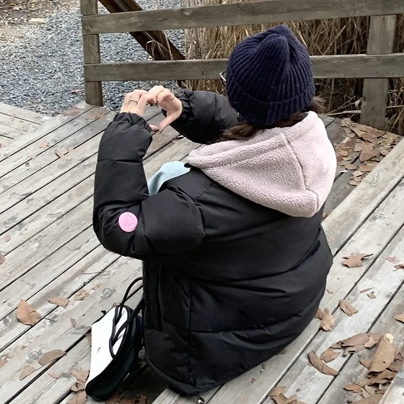 Y2K Korean Cute Fake Two-piece Hooded Loose Cotton-padded Jacket Female Winter New Casual Cotton-padded Jacket Female Coats