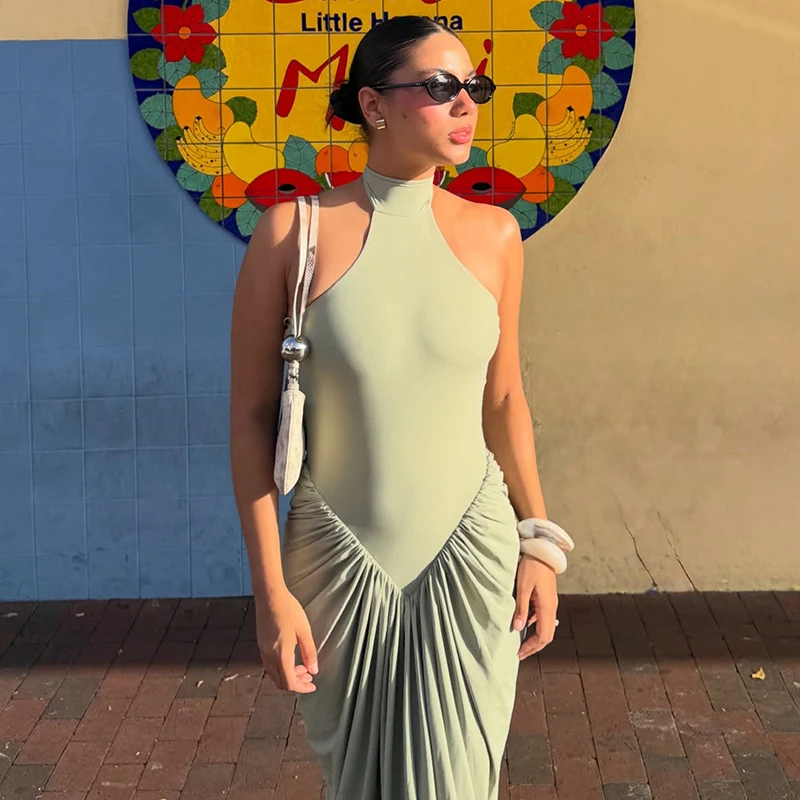 Elegante Abito Lungo Verde con Spalline Sottili, Chic e Minimalista, Senza Maniche, Aderente con Vita Arricciata, Vestito da Strada Casual per Vacanze - immagine 6