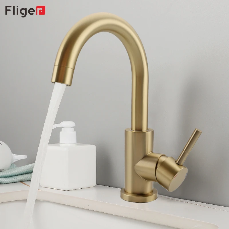 FligerGoldBasinFaucetsStainlessSteelBathroomSinkfaucetHotColdWaterBathroomFaucet