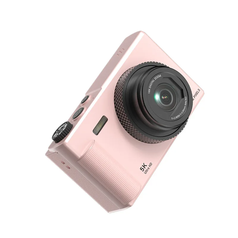 Vue de face de la caméra d'action 75MP 5K Ultra HD avec zoom 18X et stabilisation, montrant son objectif et ses boutons.