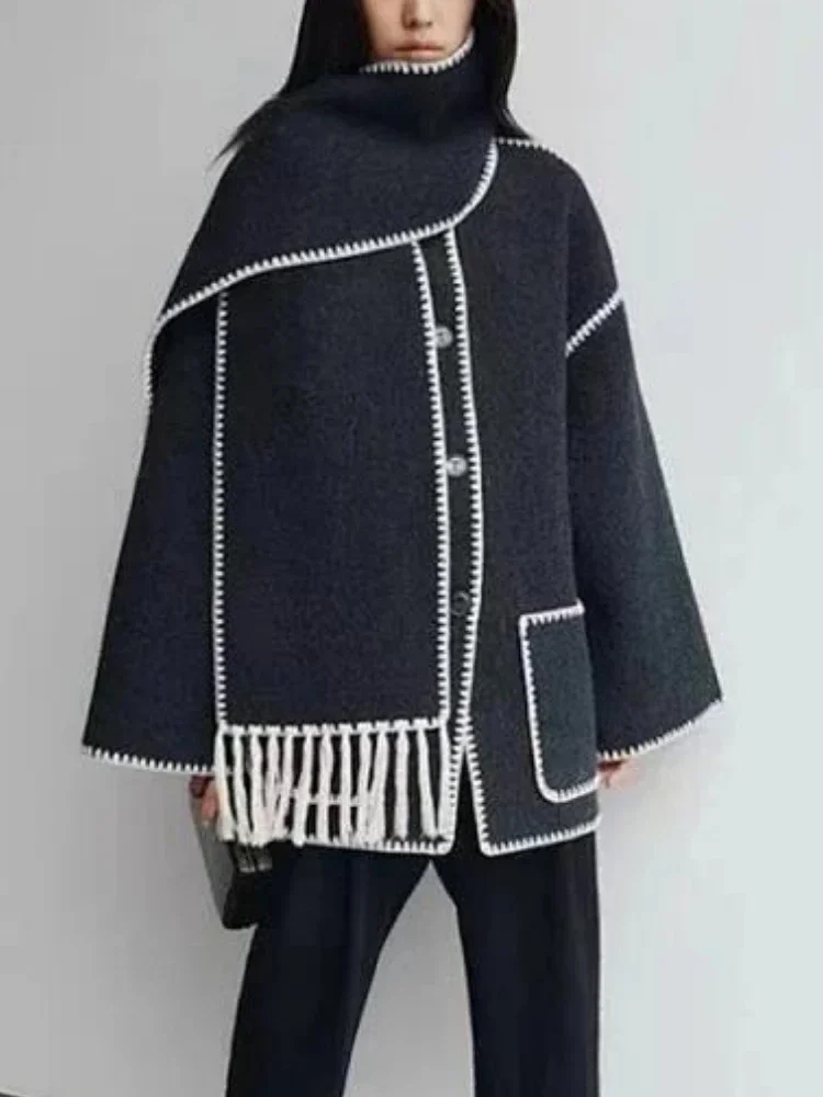 

Women Jacket Fall And Winter New Tassel Scarf Collar Woolen Coat Crochet Loose Black Coat