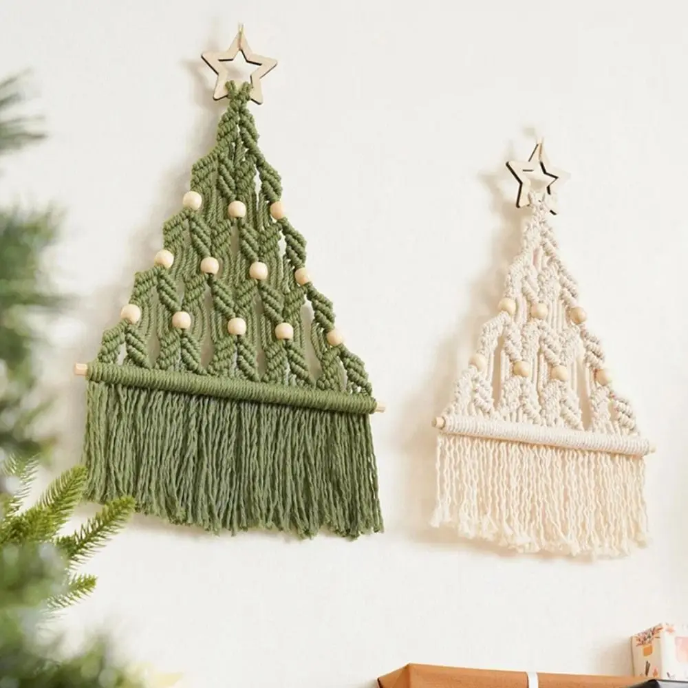 Boho Decor Woven Christmas Tree Macrame Tapestry Aesthetic Tassel Wall Hanging Pendant Decorative Art Cotton Rope Tapestry Hotel