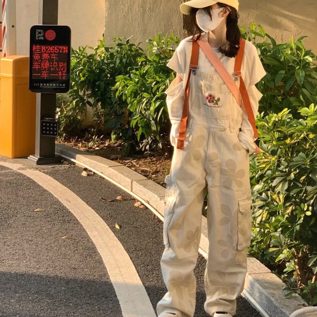 New French platycodon fufu design work overalls for women 2024 new small spring straight denim overalls Harajuku pantalones y2k