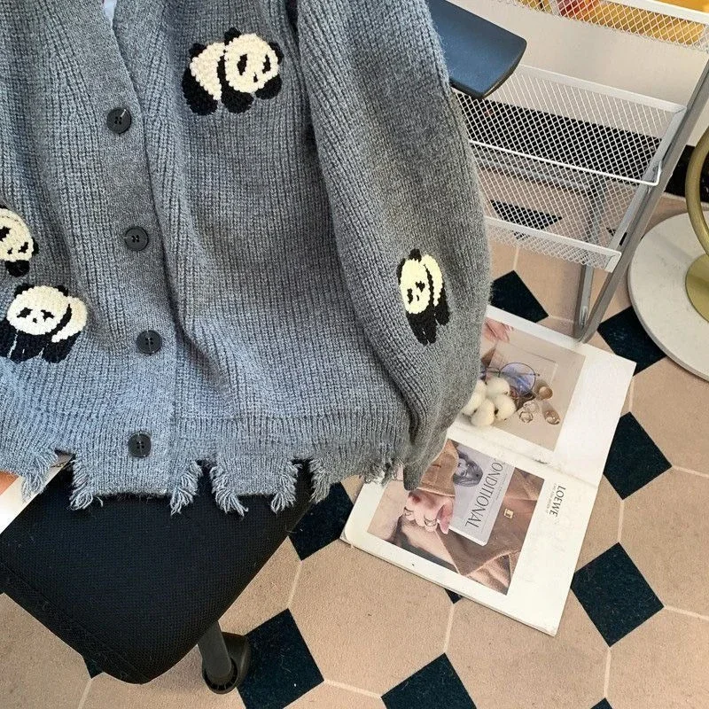 Preppy Style Knitted Cardigan Coat Women Clothing Sueter Mujer Fashion Korean Pull Femme Embroidery Panda Oversized Sweater Tops 5