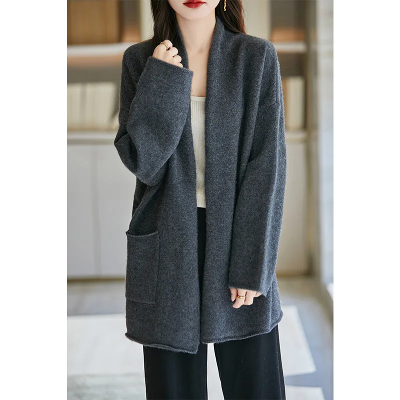 Christmas 100% Merino Wool 7-Needle Thick Knit Cardigan Loose Plus Size Top Women's Double Pocket Cashmere Coat Winter YYY2437 3