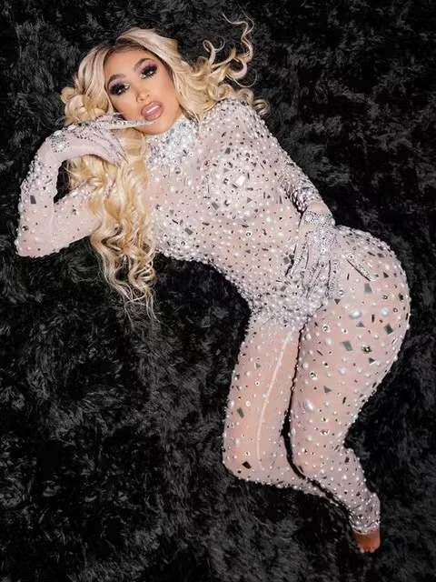 

Gloves Lady Evening Prom Party Birthday Celebrate Outfit Stage Wear Luxury Pearls Mirrors Rhinestones Mesh Transparent Jumpsuit